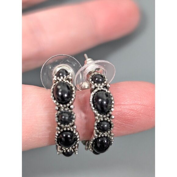Chaps Black Cabochon Silver Tone Hoop Pierced Earrings Western Boho - Picture 11 of 12